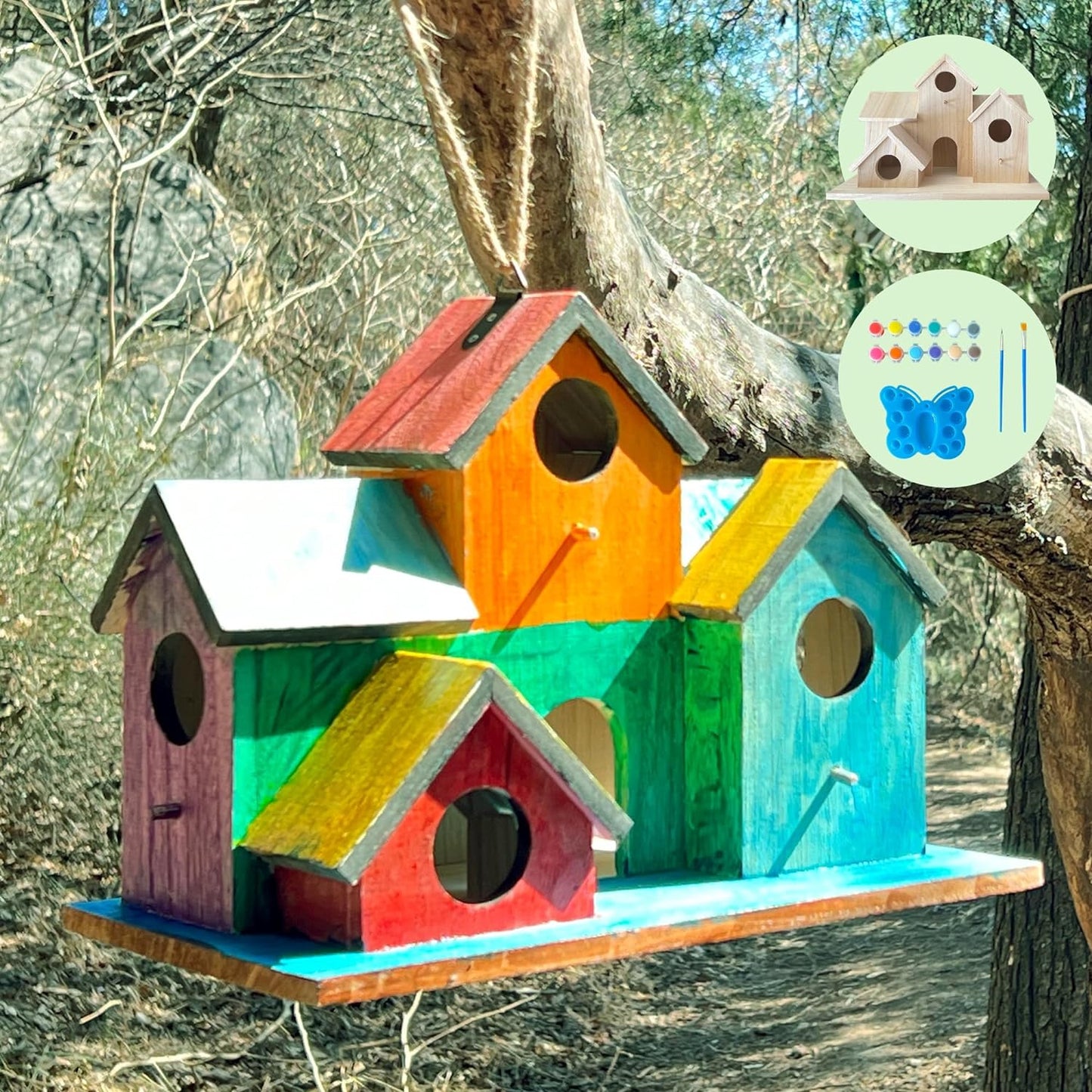 Large Interior Wood Bird House 6+2 Holes with DIY Color Kit, Extended Platform Feeding Table, Outdoor Wooden Nest Feeder Shelter Small Birds and Squirrels, Bluebird Purple Martin Wren Birdhouse