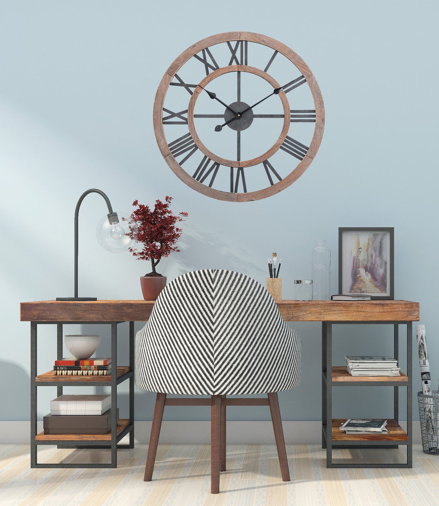 Utopia Alley CL36GY Oversized Roman Round Wall Clock, 24", Multi-Tone Wood Finish