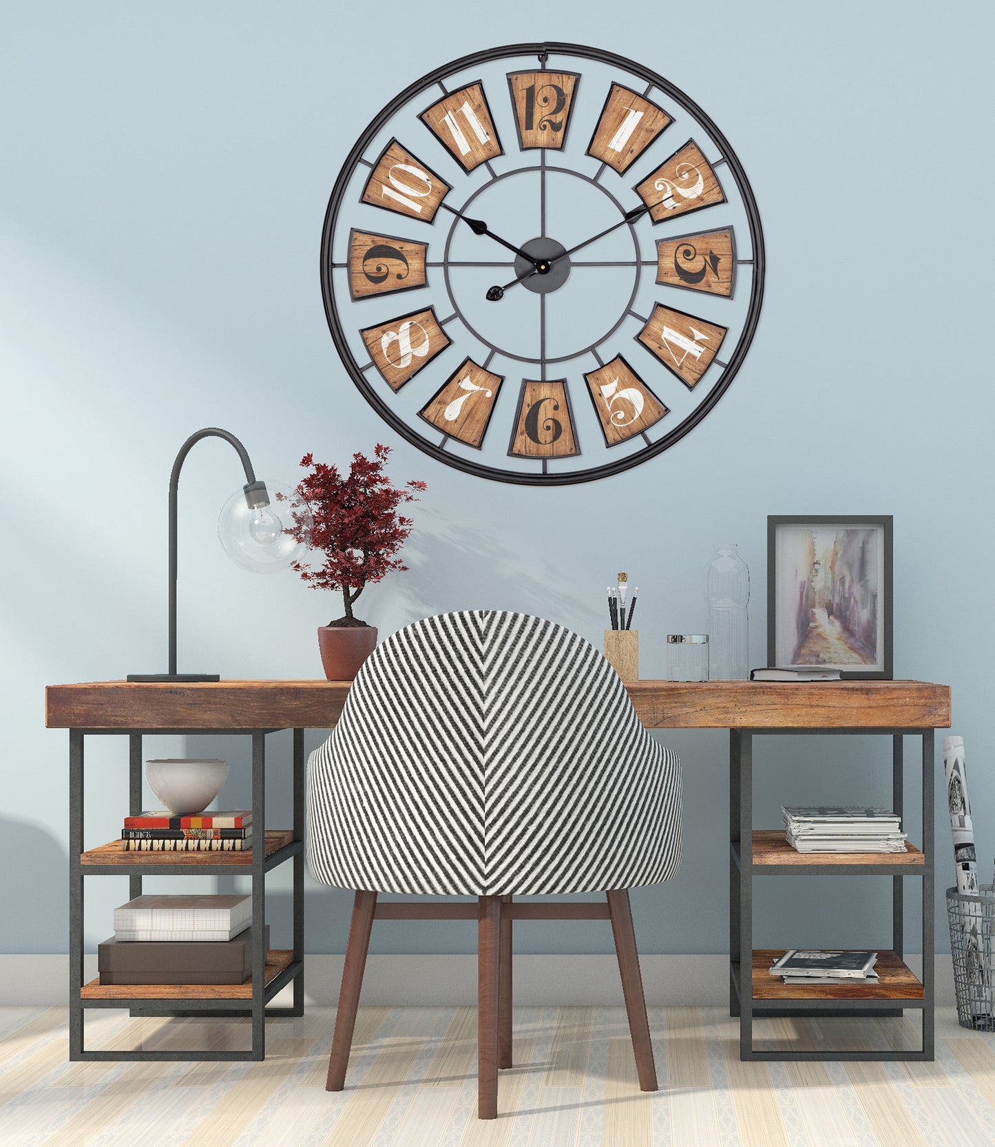Utopia Alley CL45WD 27" Metal Wall Clockwith Black Frame and Wood Colored Panels