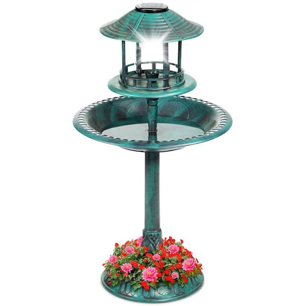 Solar Fountain Bird Bath with Built-in Planter, Green