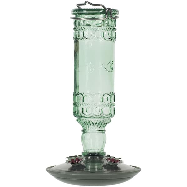 10 oz Hanging Glass Bottle Hummingbird Bird Feeder, Antique Green