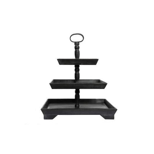 3 Tier Decorative Tray Black Wood Rectangle Shape Heavy Duty