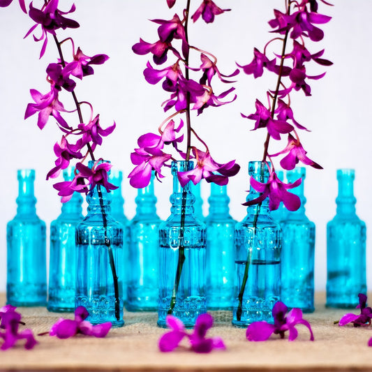 12 Pack | 6.6" Calista Turquoise Vintage Glass Bottle with Cork - DIY Wedding Flower Bud Vases