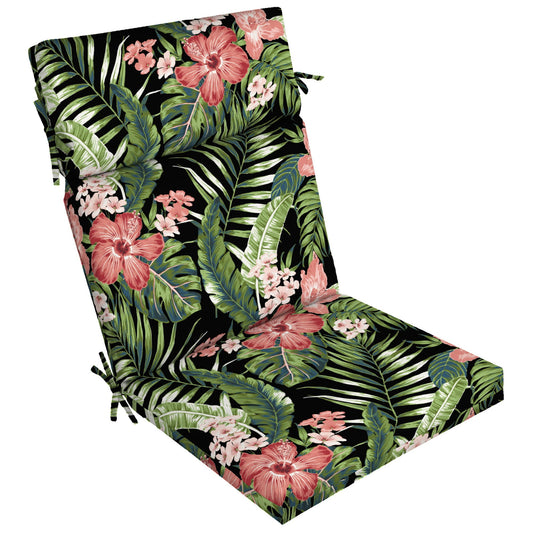 44" x 21" Outdoor Self Ties Chair Cushion, Black Tropical