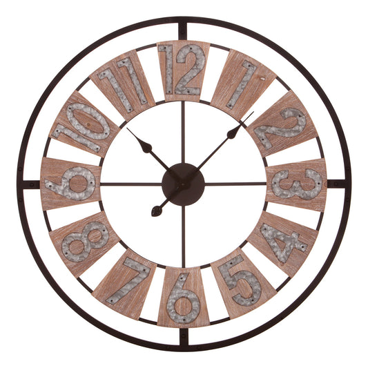 30" Oversized Rustic Round Wall Clock Wood & Galvanized Metal