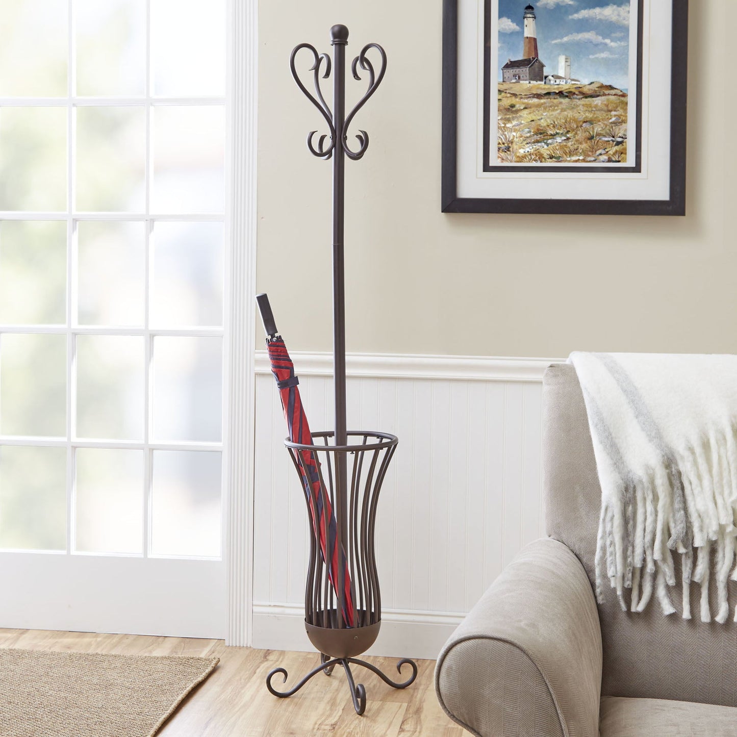 Metal Coat Rack With Umbrella Holder, Bronze Finish
