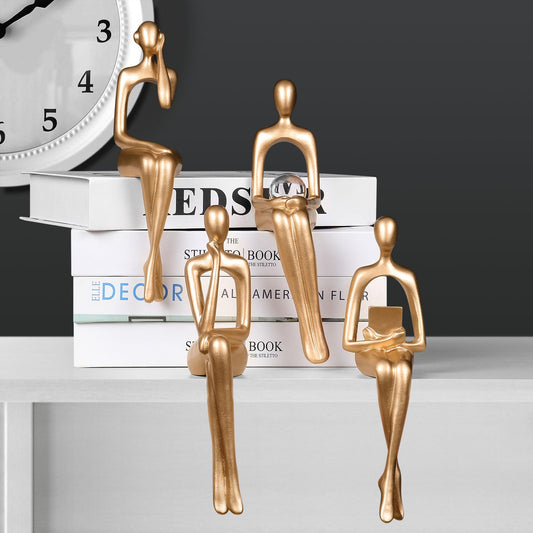Gold Statue Decor Set of 4, 8.7" Golden Resin Sitting Thinker Sculptures