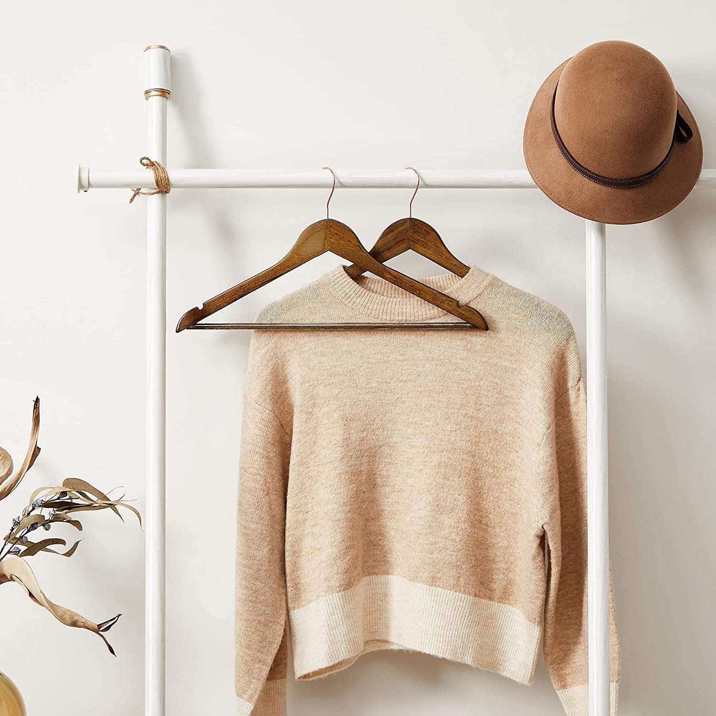 Wooden Hangers, Set of 20 Coat Hangers with Shoulder Notches, Solid Wood, Swivel Hook in Rose Gold