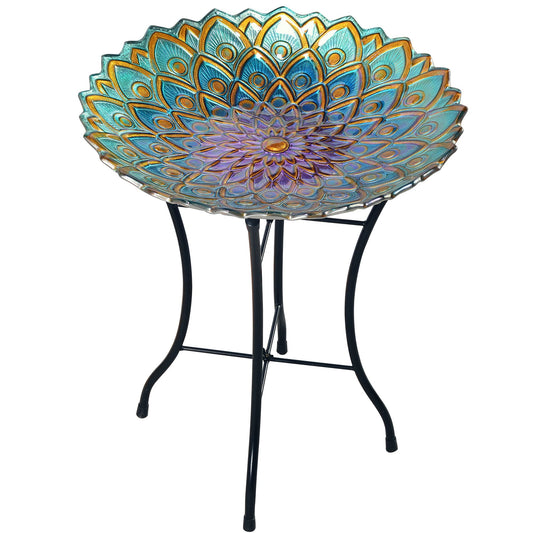 18" Bird Bath Glass Flower Mosaic With Stand Lawn Decoration