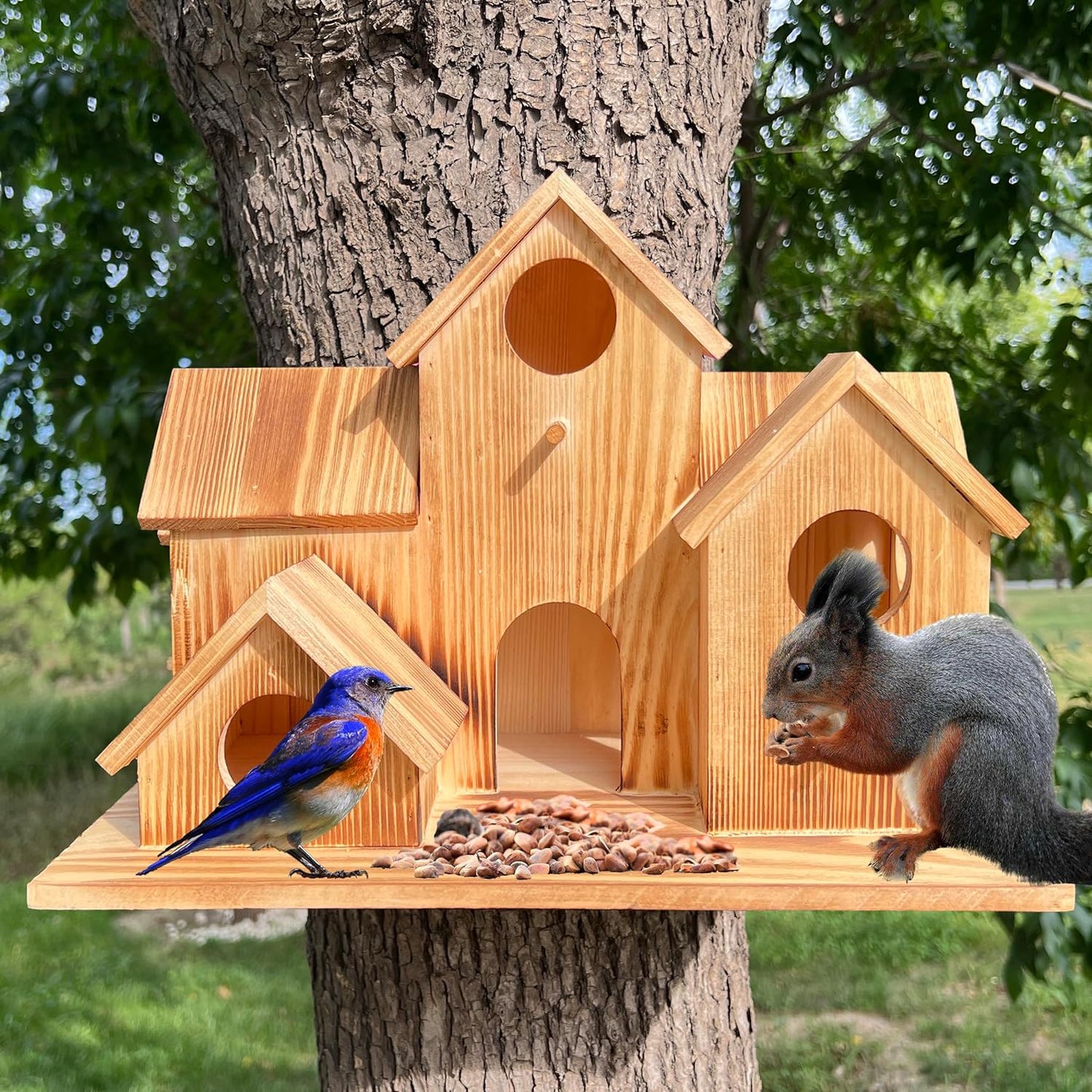 Large Interior Wood Bird House Special Model 6+2 Holes with Extended Platform for Outside, Outdoor Wooden Nest Feeder Shelter for Small Birds and Squirrels, Bluebird Purple Martin Wren Birdhouse