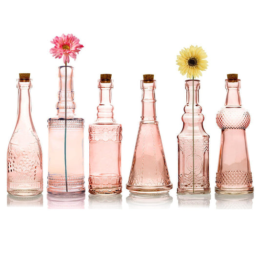 Best of Show Pink Vintage Glass Bottles Set - (6 Pack, Assorted Designs)