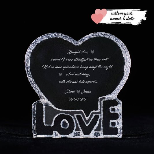 Valentine's Day Gift Personalized Couple Name and Date Bright Star by John Keats Crystal Sculpture Keepsake Gifts for Her