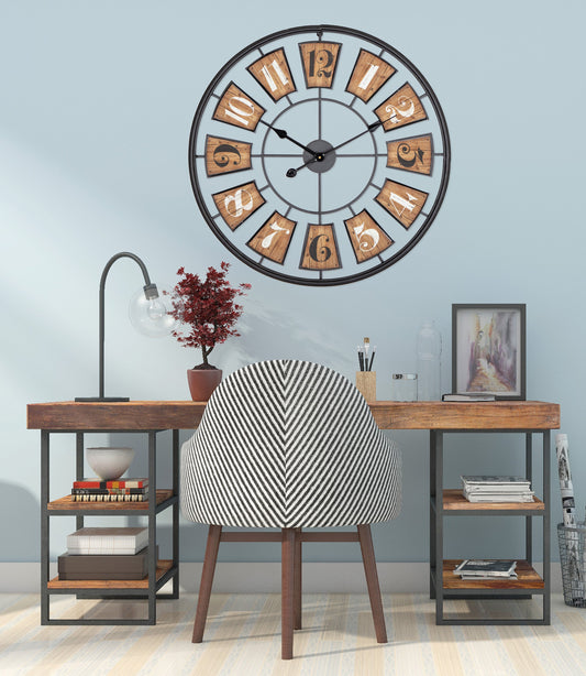 Utopia Alley CL45WD 27" Metal Wall Clockwith Black Frame and Wood Colored Panels