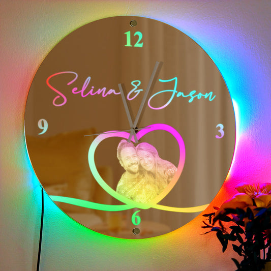 Custom Photo Clock Personalized Name Mirror Light Wall Decor