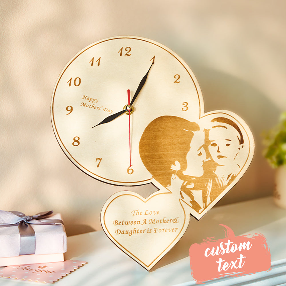 Custom Photo Double Heart Clock Wooden Engraved Wall Clock Bedroom Decoration Mother's Day Gifts