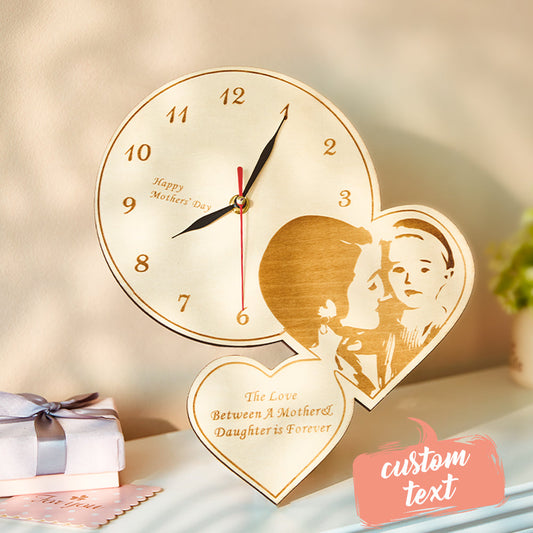 Custom Photo Double Heart Clock Wooden Engraved Wall Clock Bedroom Decoration Mother's Day Gifts