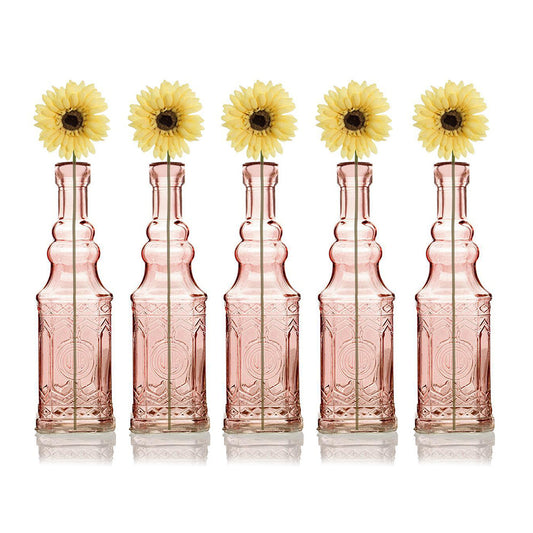 5 Pack - 6.5" Ella Pink Vintage Glass Bottle with Cork - DIY Wedding Flower Bud Vases