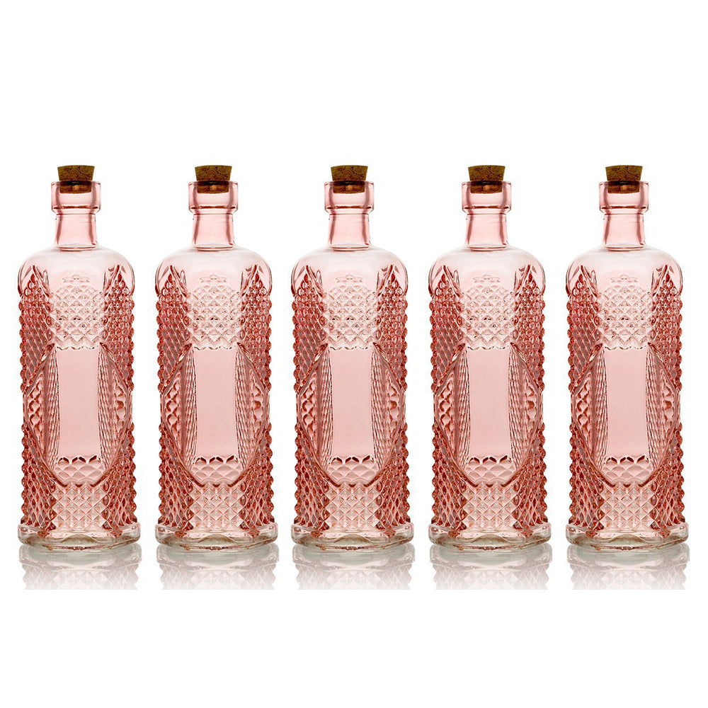 5 Pack - 6.5" Aria Pink Vintage Glass Bottle with Cork - DIY Wedding Flower Bud Vases