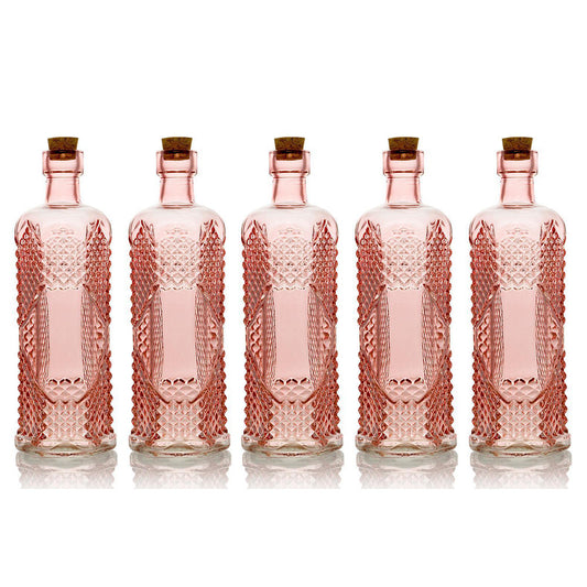 5 Pack - 6.5" Aria Pink Vintage Glass Bottle with Cork - DIY Wedding Flower Bud Vases