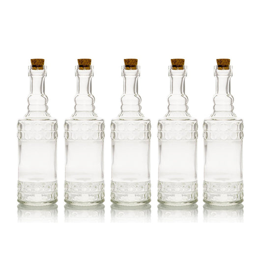 5 Pack - 6.6" Calista Clear Vintage Glass Bottle with Cork - DIY Wedding Flower Bud Vases