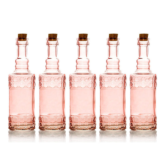 5 Pack - 6.6" Calista Pink Vintage Glass Bottle with Cork - DIY Wedding Flower Bud Vases