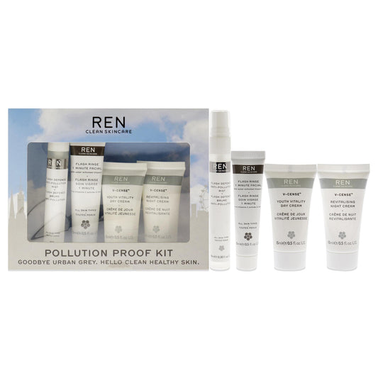 Pollution Proof Kit by REN for Unisex 4 Pc Kit 0.5oz Flash Rinse 1 Minute Facial, 0.5oz V-Cense Youth Vitality Day Cream,0.5oz V-Cense Revitalising Night Cream, 0.30oz Flash Defense Anti-Pollution Mist