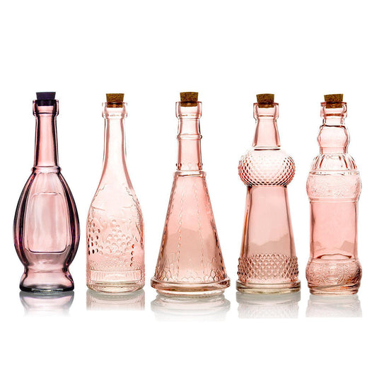 Shabby Chic Pink Vintage Glass Bottles Set - (5 Pack, Assorted Designs)