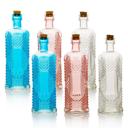 6pc Aria Colorful Decorative Vintage Glass Bottles and Flower Vases Wedding Table and Centerpiece Display
