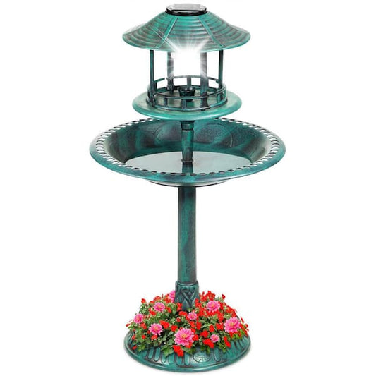 Solar Fountain Bird Bath with Built-in Planter, Green