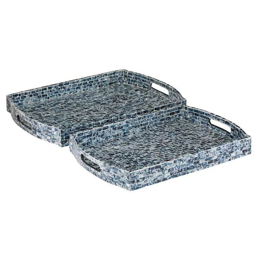 2-Pack Rectangle Wood Coastal Decorative Tray, Blue
