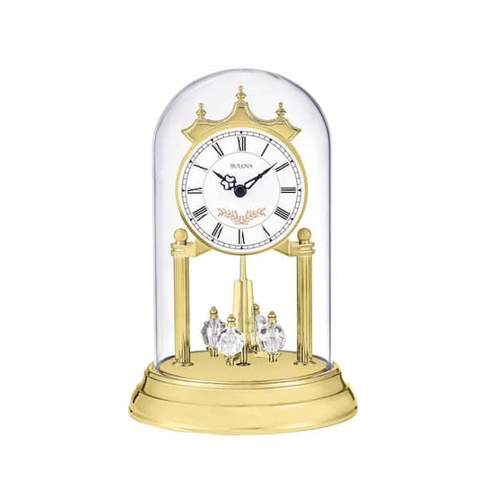 Table Clock Westminster Chime Gold Crystalline Pendulum Clear Glass Dome Decor