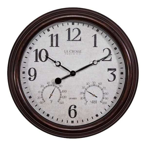 15" Quartz Wall Clock with Thermometer & Hygrometer, Brown