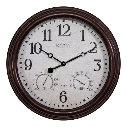 15" Quartz Wall Clock with Thermometer & Hygrometer, Brown