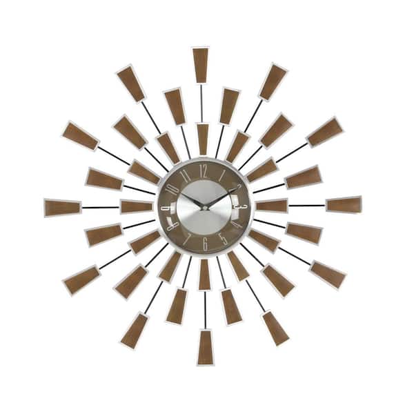 Wall Clock Brown Geometric Sunburst Metal Modern Style Analog Home Decor