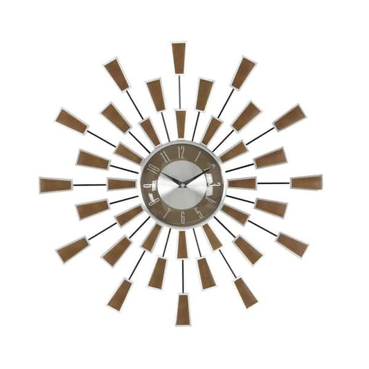 Wall Clock Brown Geometric Sunburst Metal Modern Style Analog Home Decor