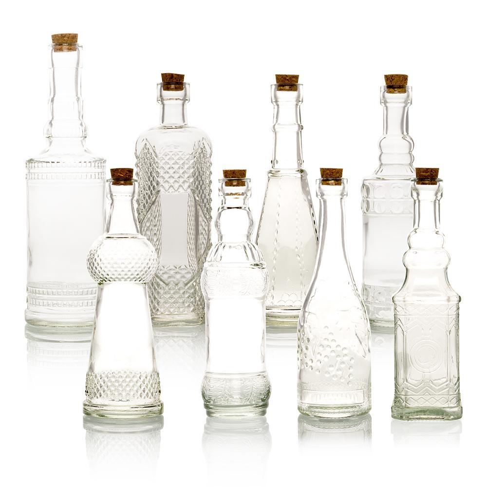 8pc Clear Vintage Glass Wedding Bottle Set, Assorted Wedding Table and Centerpiece Display
