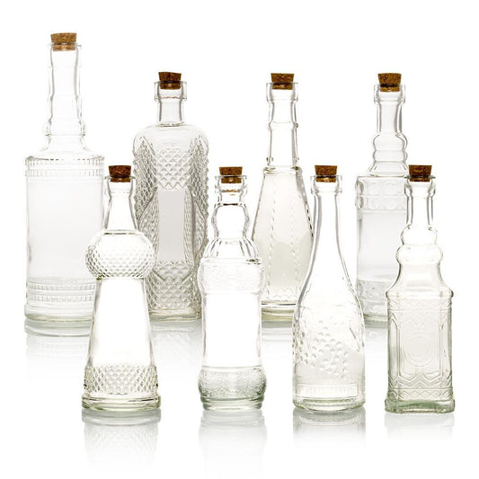 8pc Clear Vintage Glass Wedding Bottle Set, Assorted Wedding Table and Centerpiece Display