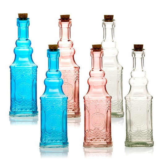 6pc Ella Colorful Decorative Vintage Glass Bottles and Flower Vases Wedding Table and Centerpiece Display