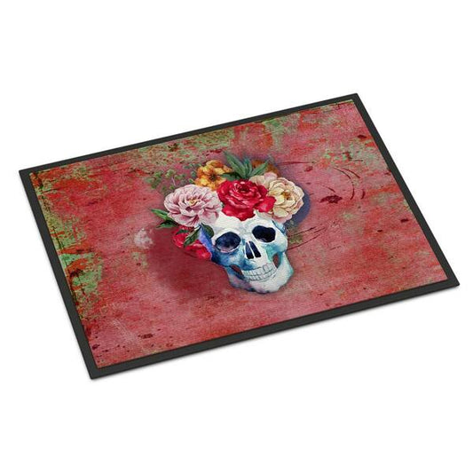 24 in. x 36 in. Indoor/Outdoor Day of The Dead Red Flowers Skull Door Mat