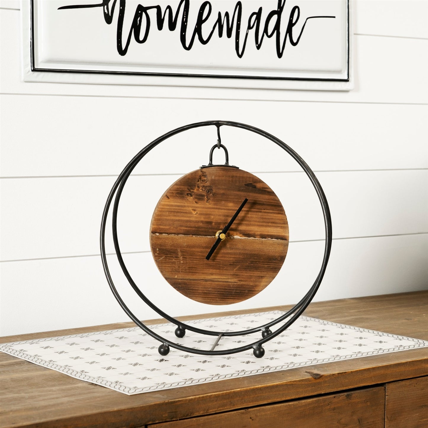 Natural Wooden Hanging Clock in Round Metal Stand 11.5"D