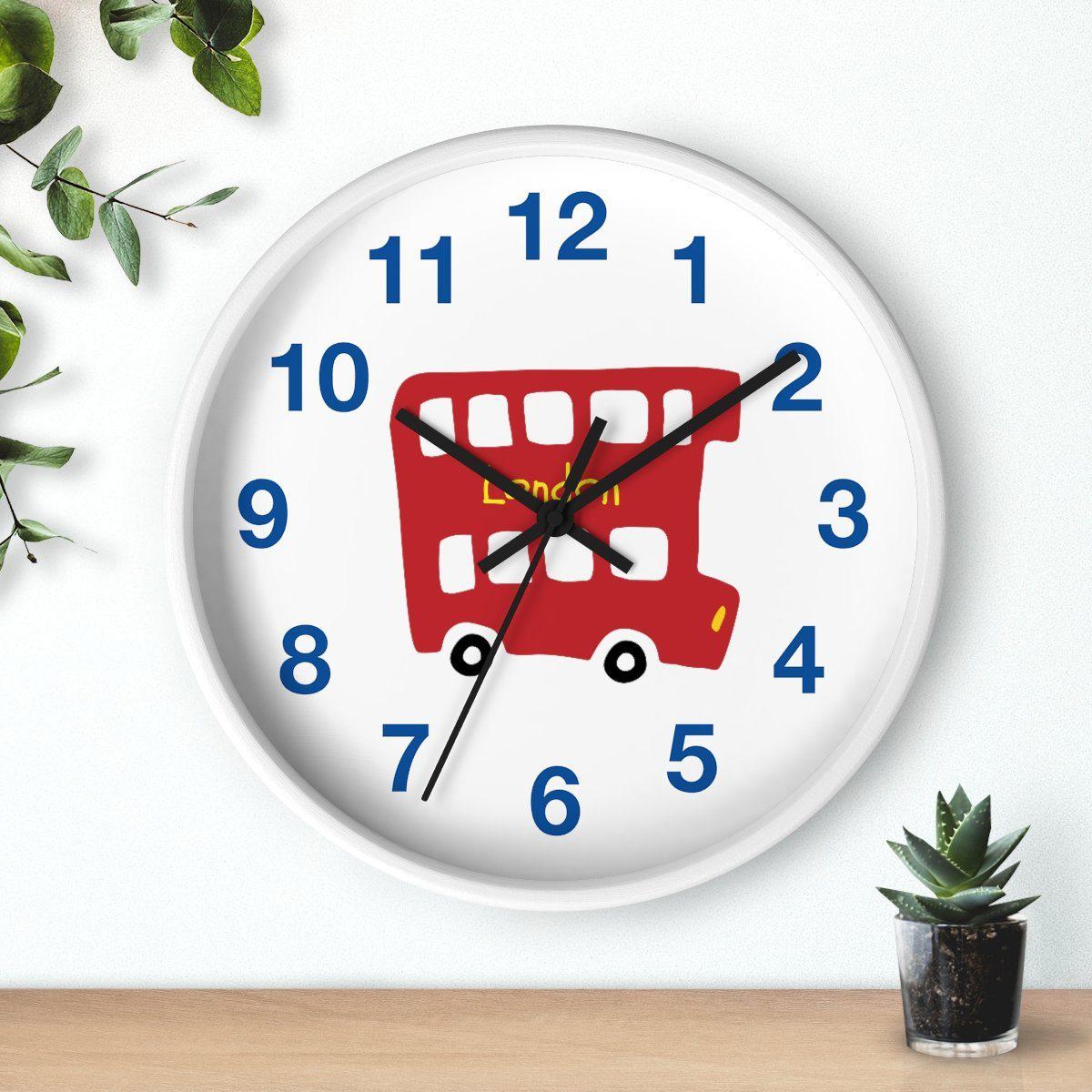 Nursery Wall Clock No Ticking London Bus, Nursery Large Wall Clock, Kids Wall Clock, Silent Nursery Wall Clock, Kids Wall Decor | Pippa + June