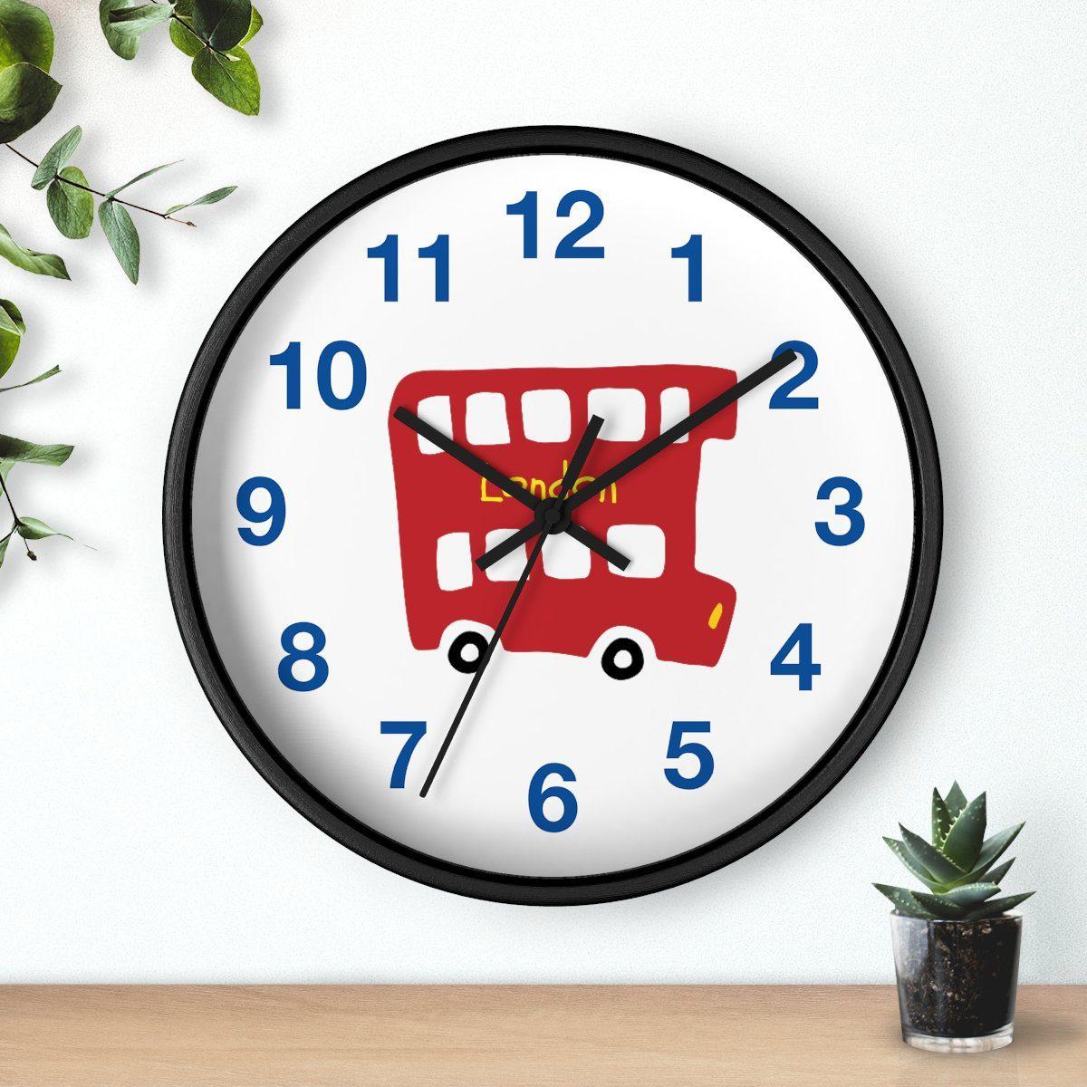 Nursery Wall Clock No Ticking London Bus, Nursery Large Wall Clock, Kids Wall Clock, Silent Nursery Wall Clock, Kids Wall Decor | Pippa + June