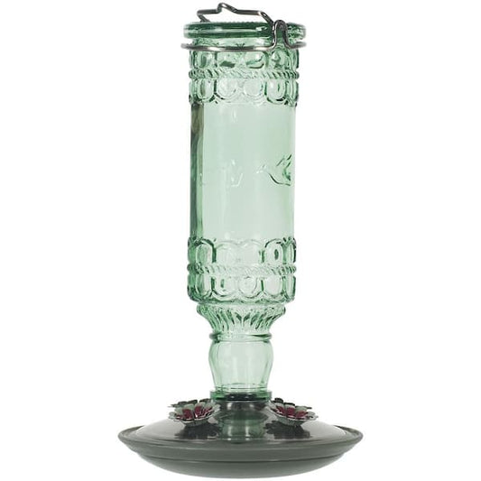 10 oz Hanging Glass Bottle Hummingbird Bird Feeder, Antique Green
