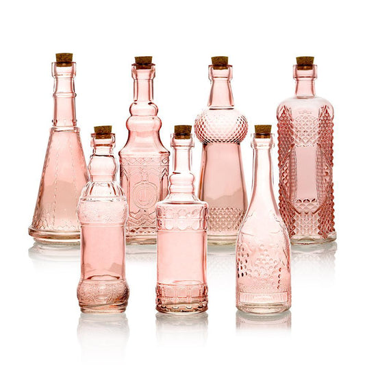 7pc Pink Vintage Glass Wedding Bottle Set, Assorted Wedding Table and Centerpiece Display