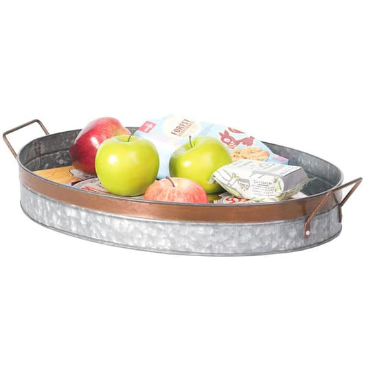 Galvanized Metal Oval Rustic Serving Tray With Handles, Gray