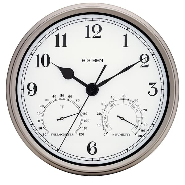 12" Round Metal Frame Outdoor Wall Clock, Silver Finish