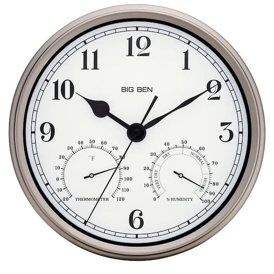 12" Round Metal Frame Outdoor Wall Clock, Silver Finish
