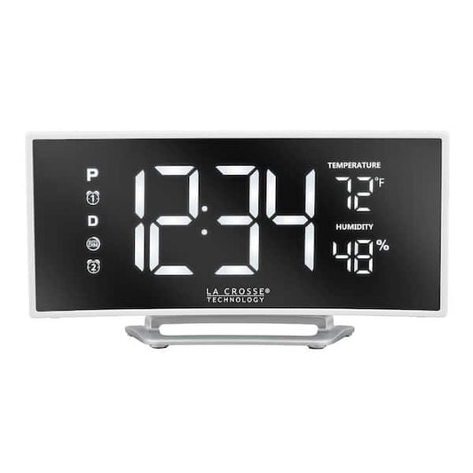 Curved Mirror LED Alarm Clock with Temperature & Humidity, White