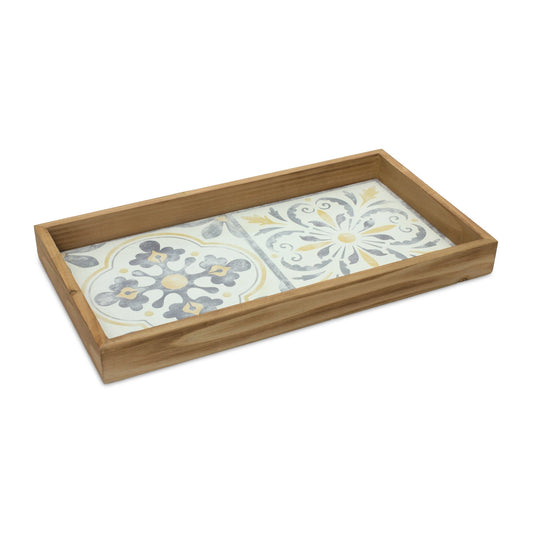 Wood Tray with Vintage Tile Design 17"